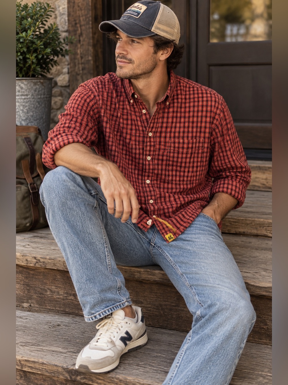 American Eagle Vintage 90s Red Black Plaid Casual Button Down Shirt Mens